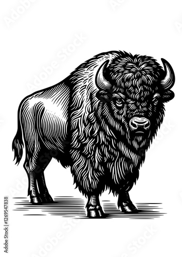 Woodcut-style illustration of an American bison