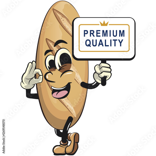 baguette bread cartoon isolated vektor illustration mascot character carrying a sign board that says premium quality while giving an okay sign, work of hand drawn