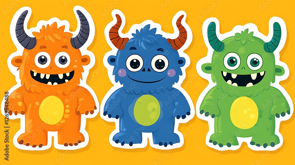 Naklejka premium Cute monster stickers on orange background.