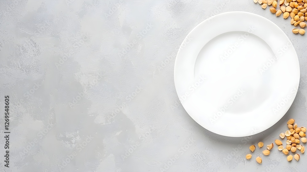 Empty White Plate on Gray Surface with Nuts Around It Empty White Plate on Gray Surface with Nuts Around It