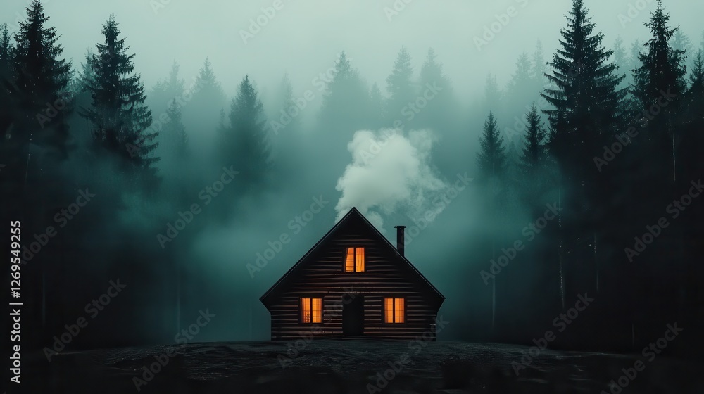 World Sleep Day concept. Cozy Cabin Nestled in Misty Forest Landscape with Curling Smoke World Sleep Day concept. Cozy Cabin Nestled in Misty Forest Landscape with Curling Smoke