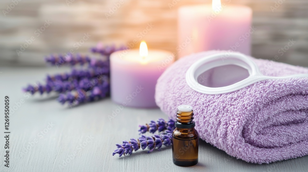 World Sleep Day concept. Nightstand with Lavender Essential Oil Candles and Plush Towel for Relaxing Spa Like Ambiance World Sleep Day concept. Nightstand with Lavender Essential Oil Candles and Plush Towel for Relaxing Spa Like Ambiance