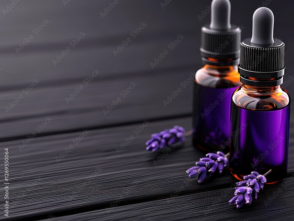 Lavender essential oil bottles with fresh lavender flowers on a dark wooden surface. Lavender essential oil bottles with fresh lavender flowers on a dark wooden surface.