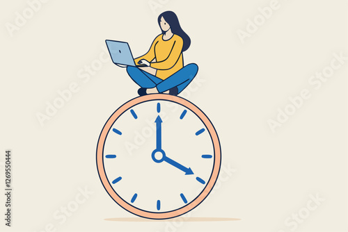 Flexible working hours, work life balance or focus and time management while working from home concept, young lady woman working with laptop while doing yoga or meditation on clock face.
