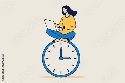 Flexible working hours, work life balance or focus and time management while working from home concept, young lady woman working with laptop while doing yoga or meditation on clock face.