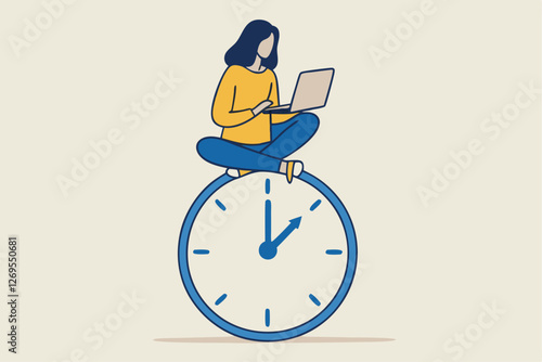 Flexible working hours, work life balance or focus and time management while working from home concept, young lady woman working with laptop while doing yoga or meditation on clock face.