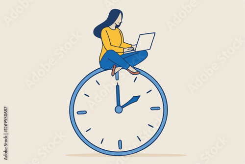 Flexible working hours, work life balance or focus and time management while working from home concept, young lady woman working with laptop while doing yoga or meditation on clock face.