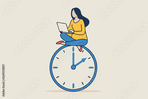 Flexible working hours, work life balance or focus and time management while working from home concept, young lady woman working with laptop while doing yoga or meditation on clock face.