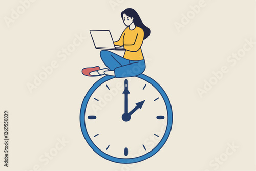 Flexible working hours, work life balance or focus and time management while working from home concept, young lady woman working with laptop while doing yoga or meditation on clock face.