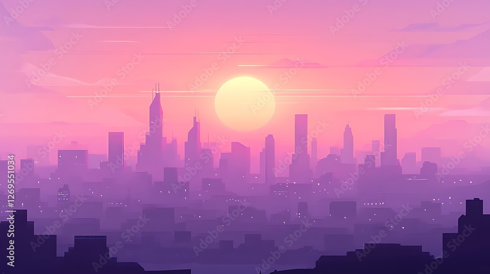 Fototapeta premium Pink Cityscape Sunset Silhouette Skyline