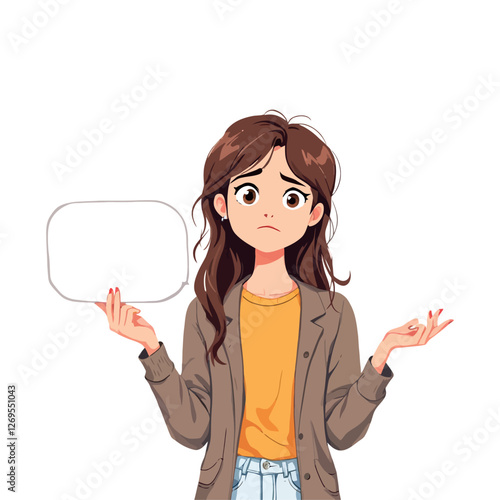 Confused young woman holding empty speech bubble making uncertain gesture