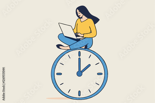 Flexible working hours, work life balance or focus and time management while working from home concept, young lady woman working with laptop while doing yoga or meditation on clock face.