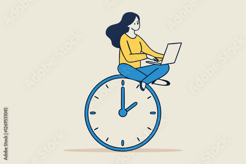 Flexible working hours, work life balance or focus and time management while working from home concept, young lady woman working with laptop while doing yoga or meditation on clock face.