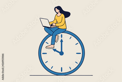 Flexible working hours, work life balance or focus and time management while working from home concept, young lady woman working with laptop while doing yoga or meditation on clock face.