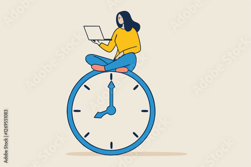 Flexible working hours, work life balance or focus and time management while working from home concept, young lady woman working with laptop while doing yoga or meditation on clock face.