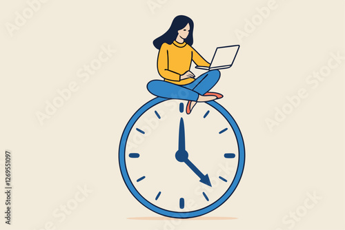 Flexible working hours, work life balance or focus and time management while working from home concept, young lady woman working with laptop while doing yoga or meditation on clock face.