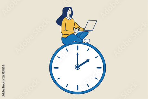 Flexible working hours, work life balance or focus and time management while working from home concept, young lady woman working with laptop while doing yoga or meditation on clock face.