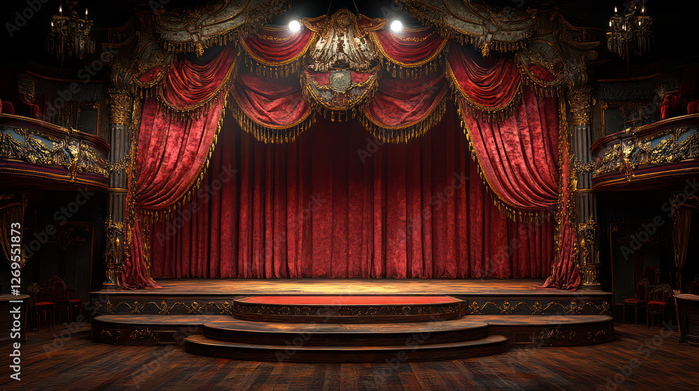 Fototapeta premium Classic theatre interior with heavy velvet red curtains