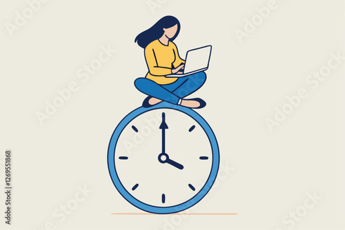 Flexible working hours, work life balance or focus and time management while working from home concept, young lady woman working with laptop while doing yoga or meditation on clock face.