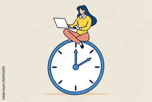 Flexible working hours, work life balance or focus and time management while working from home concept, young lady woman working with laptop while doing yoga or meditation on clock face.