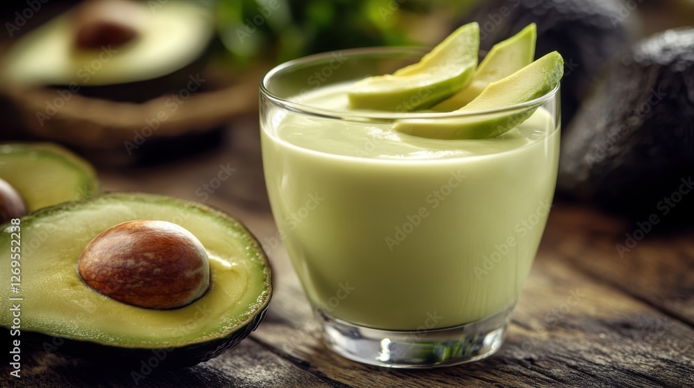 Avocado smoothie in a glass with fresh avocados on wooden background Avocado smoothie in a glass with fresh avocados on wooden background