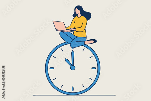 Flexible working hours, work life balance or focus and time management while working from home concept, young lady woman working with laptop while doing yoga or meditation on clock face.