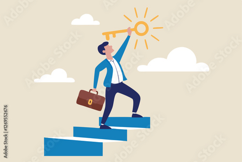 Key to business success, stairway to find secret key or achieve career target concept, businessman winner walk up to top of stairway lifting golden success key to the sky.