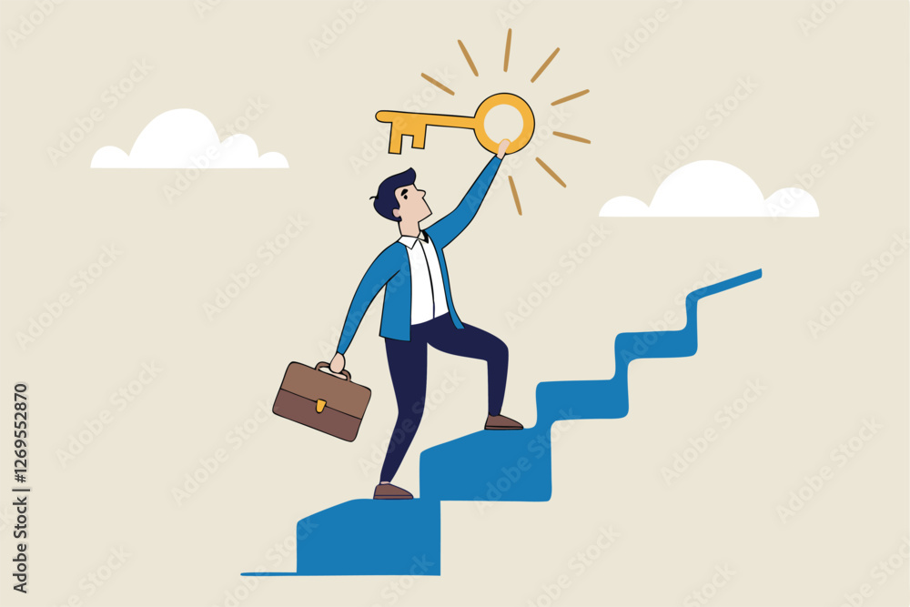 Obraz premium Key to business success, stairway to find secret key or achieve career target concept, businessman winner walk up to top of stairway lifting golden success key to the sky.