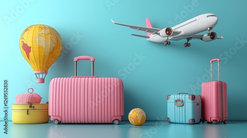 Exciting travel adventure airplane trip with colorful suitcases in a bright blue environment