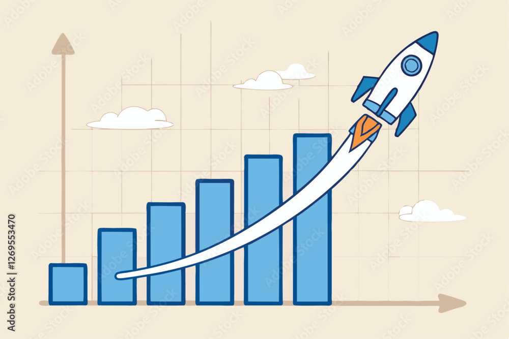 Fototapeta premium Exponential growth or compound interest, investment, wealth or earning rising up graph, business sales or profit increase concept, financial report graph with exponential arrow from flying rocket.