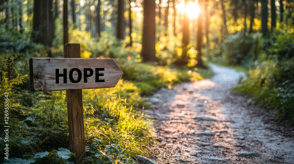 Pathway in summer forest, rustic wooden sign with the word Hope Pathway in summer forest, rustic wooden sign with the word Hope