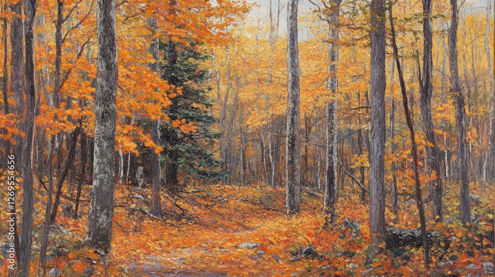 An idyllic autumn forest scene featuring vivid golden leaves An idyllic autumn forest scene featuring vivid golden leaves