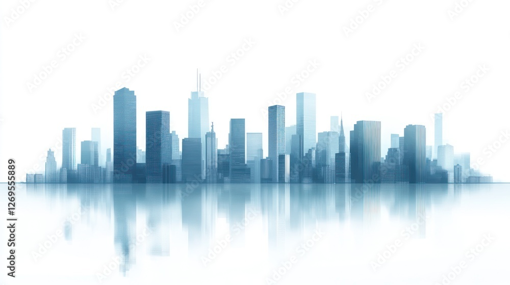 Naklejka premium Cityscape skyline reflection, urban development, modern buildings, white background, real estate