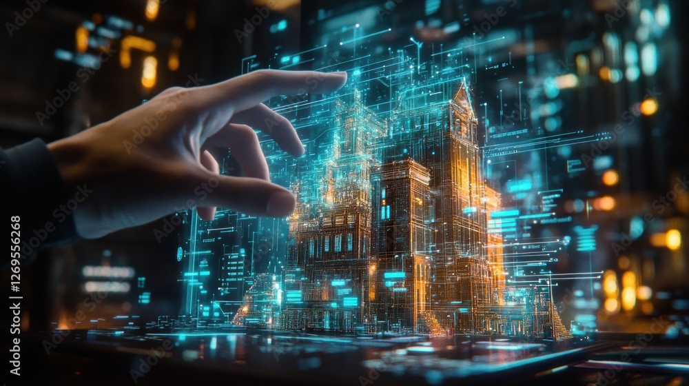 Hand interacts with holographic architectural model displayed digitally Hand interacts with holographic architectural model displayed digitally
