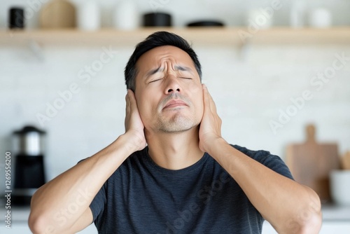 Man in kitchen covering ears, expressing frustration due to noise disturbance