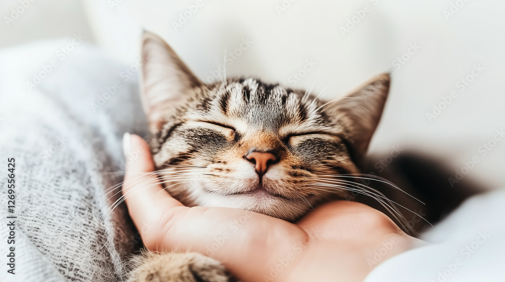 funny cat resting its head on its pet owners hand with a happy smile funny cat resting its head on its pet owners hand with a happy smile