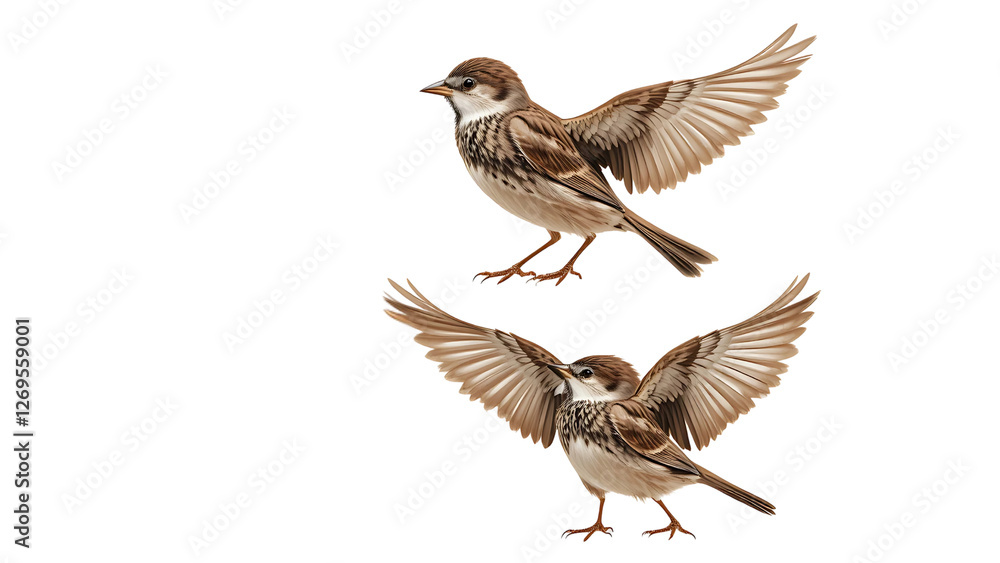 Fototapeta premium House sparrow bird in various poses including flying and perching natural wildlife transparent background,Graceful House Sparrow: Natural Wildlife Poses with Transparent Background