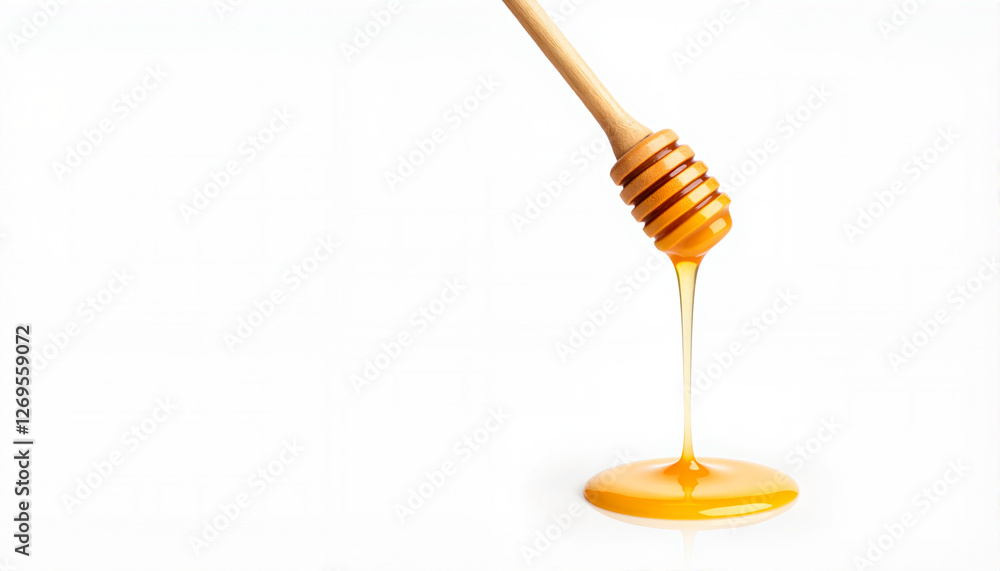 Dripping honey from a wooden dipper creating a glossy pool on a clean background for food blogs, recipes, health articles, product promotions, and culinary presentations Dripping honey from a wooden dipper creating a glossy pool on a clean background for food blogs, recipes, health articles, product promotions, and culinary presentations