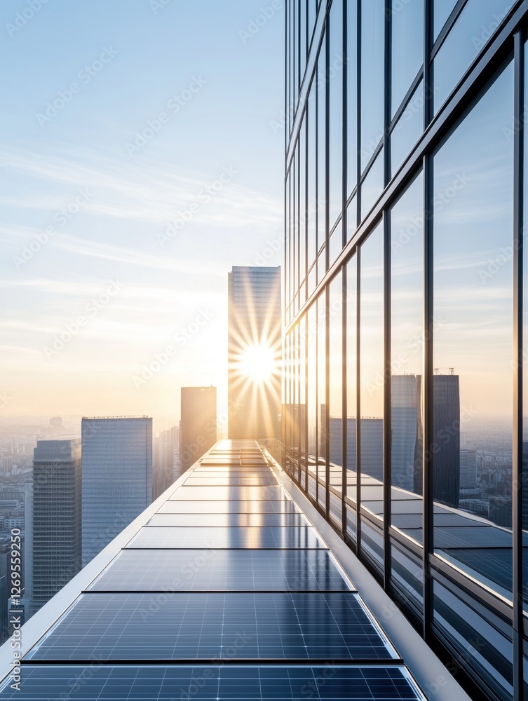 Solar panels on a modern skyscraper reflect sunlight during early morning hours Solar panels on a modern skyscraper reflect sunlight during early morning hours