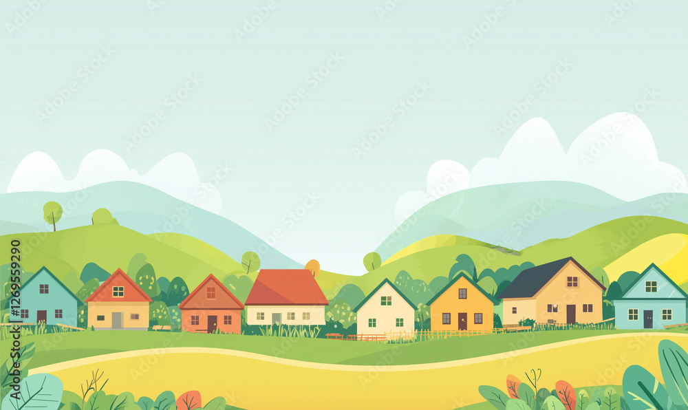 Colorful houses in a serene landscape with rolling hills and greenery, creating a cheerful and inviting atmosphere. Colorful houses in a serene landscape with rolling hills and greenery, creating a cheerful and inviting atmosphere.
