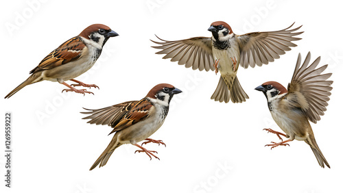 House sparrow bird in various poses including flying &perching natural wildlife transparent background,Graceful House Sparrow,Natural Wildlife Poses with Transparent Background,Versatile House Sparrow