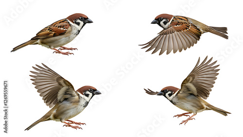 House sparrow bird in various poses including flying and perching natural wildlife transparent background,Natural Elegance: House Sparrow in Motion and Stillness (Transparent PNG)