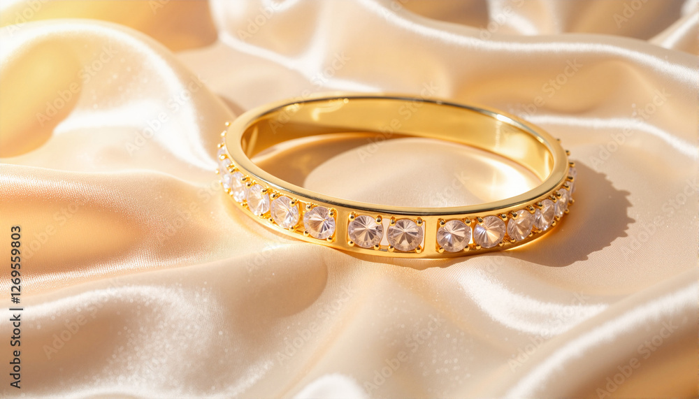 Gold bangle with crystals on soft satin background for fashion blogs, jewelry websites, gift guides, stationery design, promotional materials, and elegant digital presentations Gold bangle with crystals on soft satin background for fashion blogs, jewelry websites, gift guides, stationery design, promotional materials, and elegant digital presentations