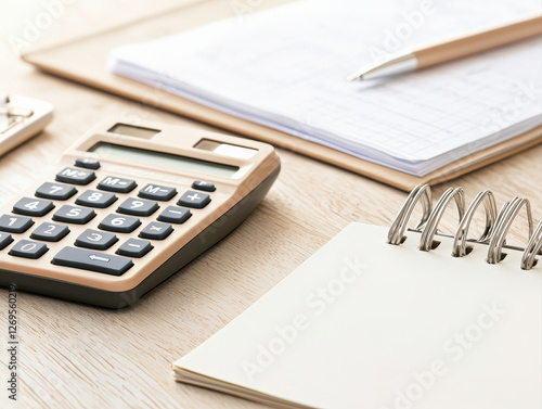 close up of calculator, notepad, and pen on wooden desk, ideal for financial planning
