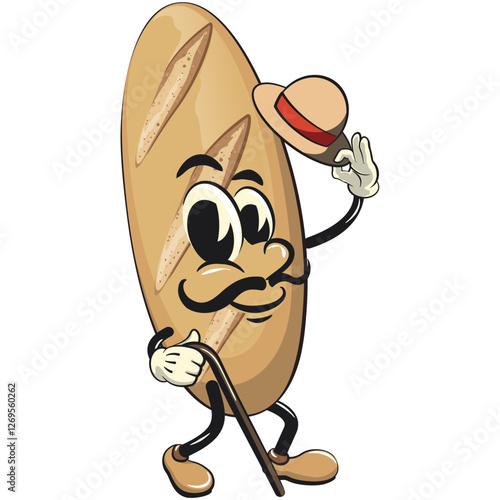 baguette bread cartoon isolated vektor illustration mascot character walk with a stick and saluting with raised hat, work of hand drawn