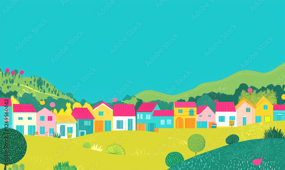 Vibrant illustration of colorful houses set against a bright blue sky and lush green hills, conveying a cheerful and idyllic landscape. Vibrant illustration of colorful houses set against a bright blue sky and lush green hills, conveying a cheerful and idyllic landscape.