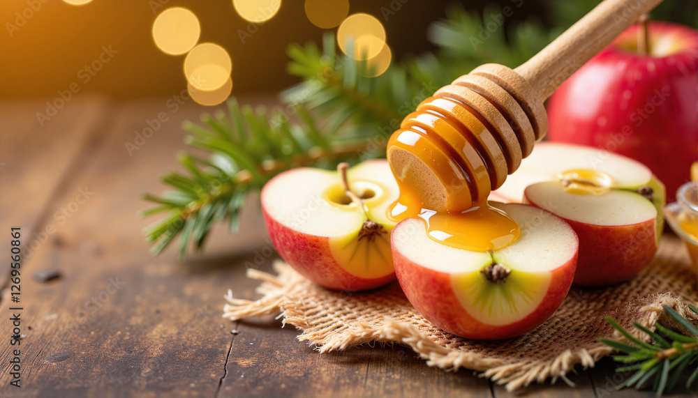 Fresh apple slices drizzled with honey and decorated with spruce branches in a warm, festive setting Fresh apple slices drizzled with honey and decorated with spruce branches in a warm, festive setting