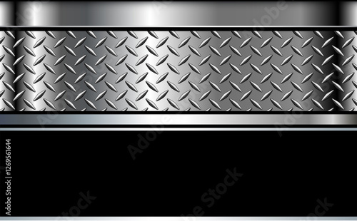 Metallic silver black background, 3d metal shiny chrome with diamond plate texture.