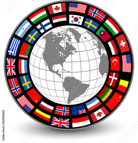 Business icon with earth globe and international flags around, ring with flags button, business concept symbol.