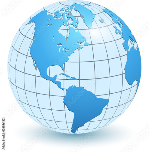 Earth globe logo, blue planet earth icon with meridians and parallels, international business symbol design.